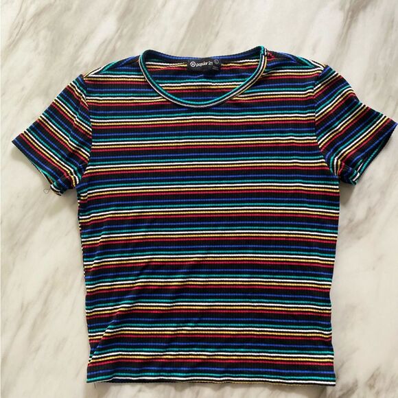Rainbow Stripe Ribbed Tee – Multicolor Fitted Top (Juniors L) - Picture 5 of 7